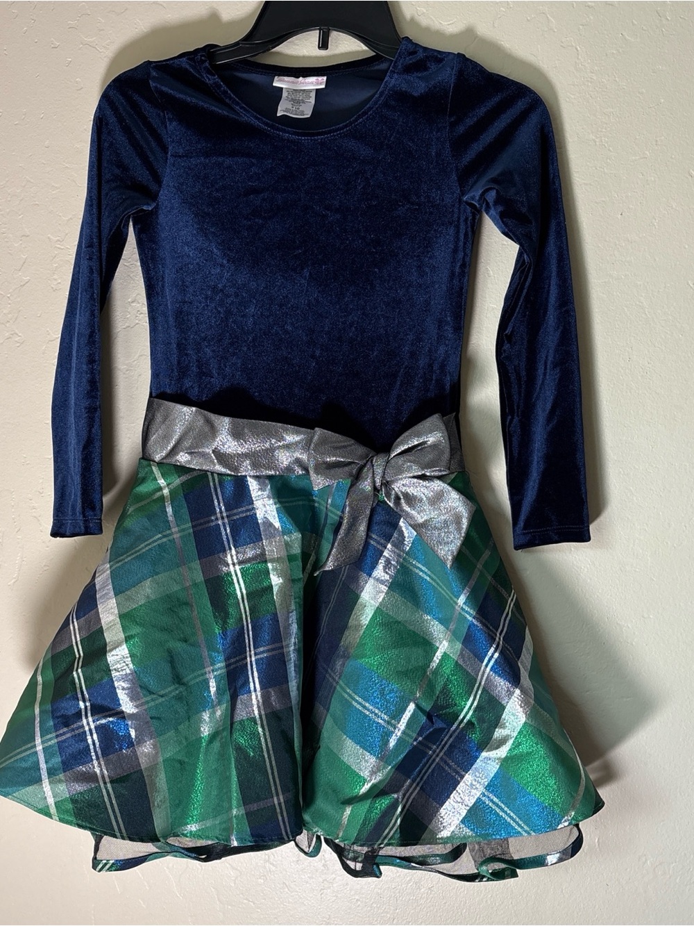 Girls Navy Velvet Top with Green Plaid Skirt and Silver Bow